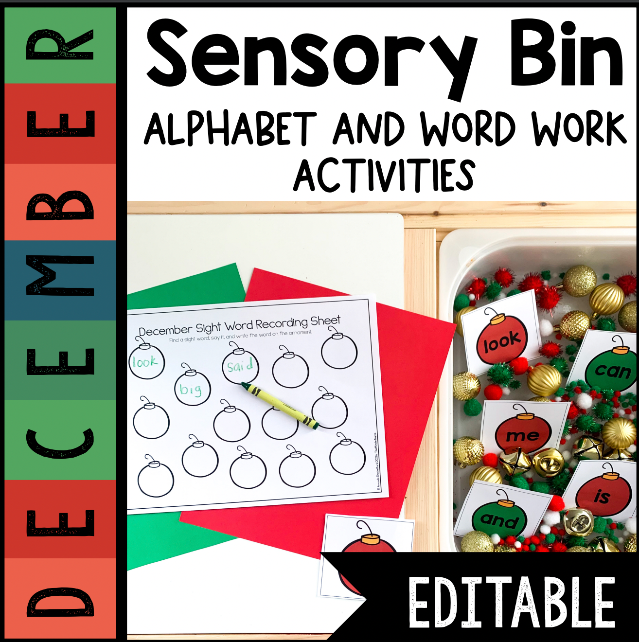December Sensory Bin | Alphabet | Sight Word | CVC word center | Editable