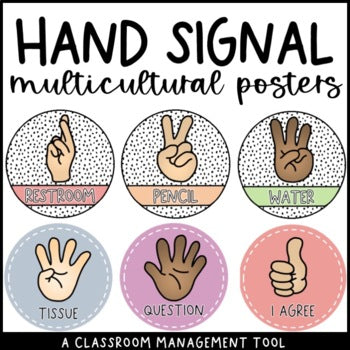 Pastel Rainbow Dalmatian Multicultural Hand Signals for Classroom Management