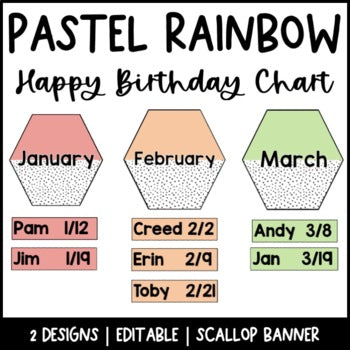 Pastel Rainbow Birthday Chart | Editable | Dalmatian | Bulletin Board Display